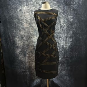 Tadashi Shoji black sheath dress with copper fabric ribbon detail